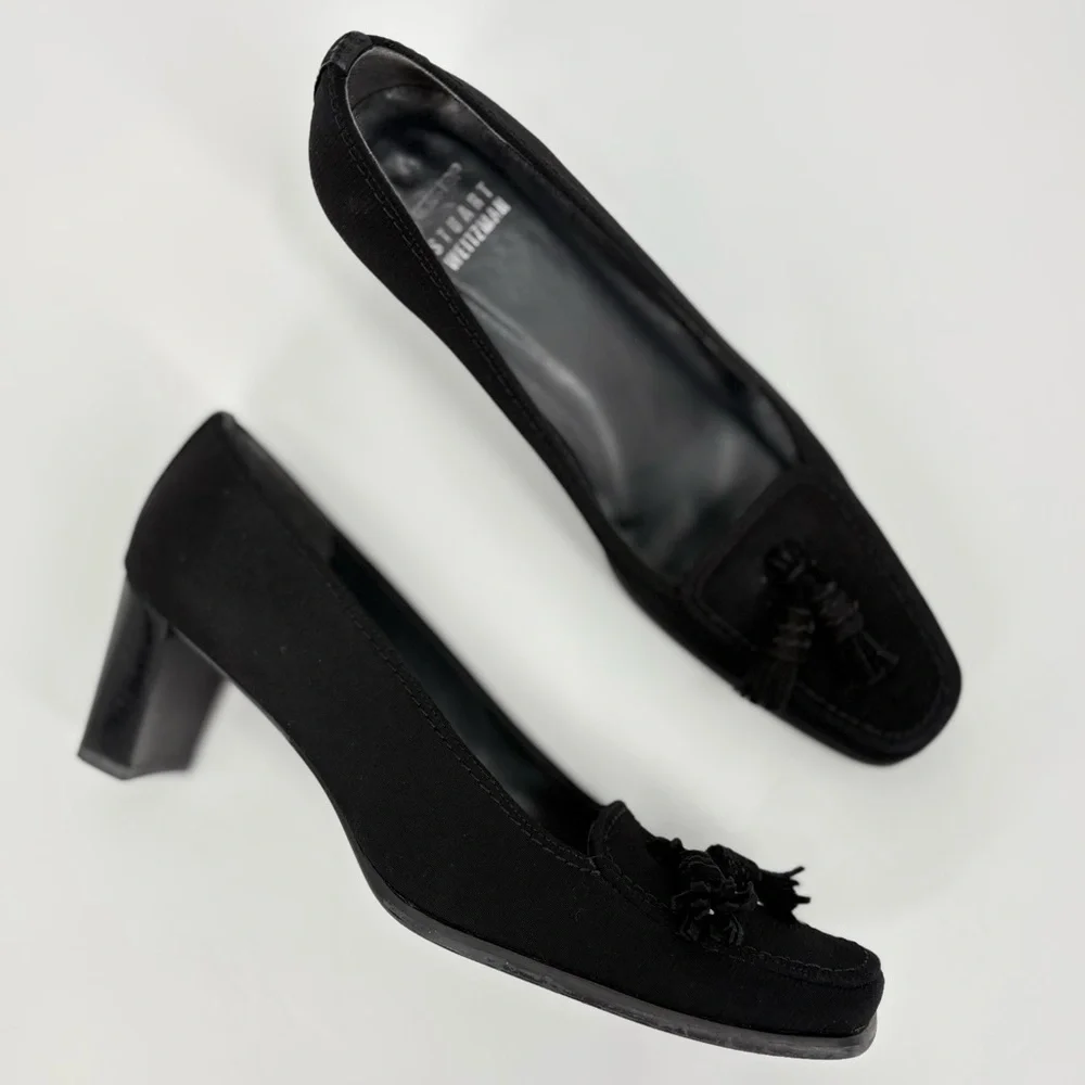 Stuart Weitzman Sude Leather Square‎ Toe Tassel Pumps Black 8N